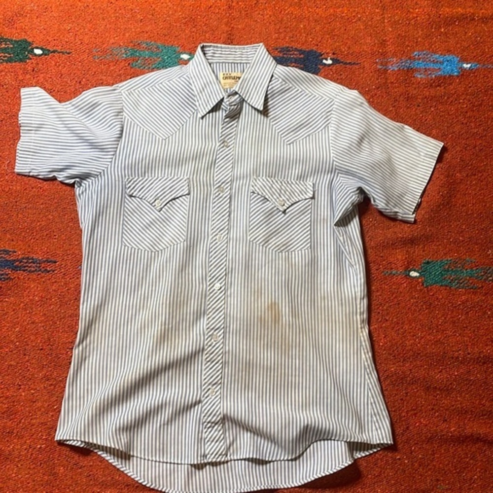 Ely Cattleman Vintage Stripped Blue White Mens‎ Size M Button Up Short Sleeve